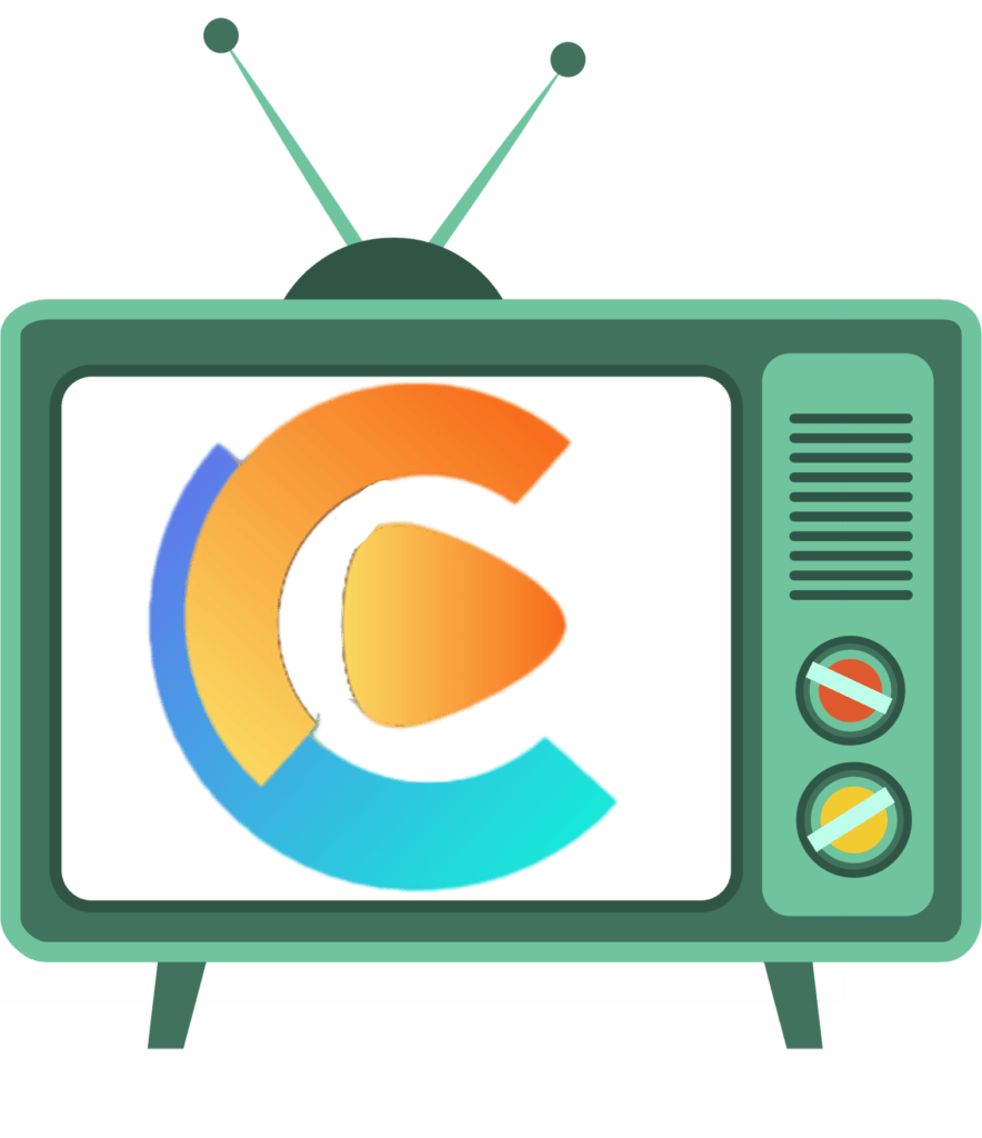 a green television with a logo on the screen